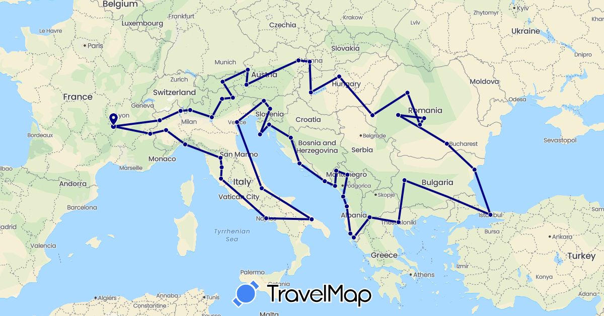 TravelMap itinerary: driving in Albania, Austria, Bulgaria, France, Greece, Croatia, Hungary, Italy, Montenegro, Macedonia, Romania, Slovenia, Slovakia, Turkey (Asia, Europe)